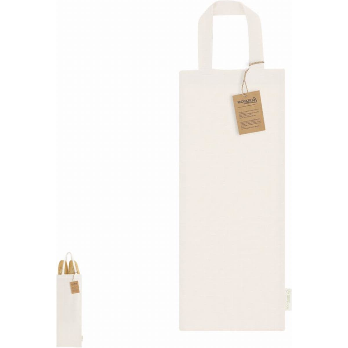 A drink bottle bag in natural cotton with a handle and a tag, featuring a foldable design for easy storage.