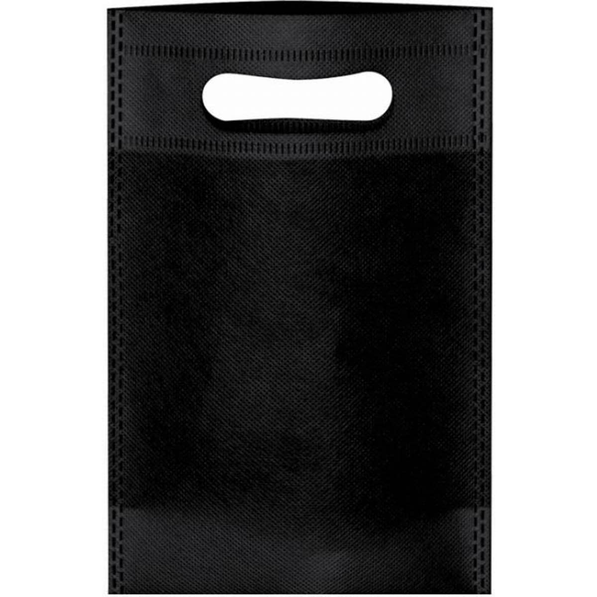 A black reusable shopping bag with a handle, featuring a simple, textured design.