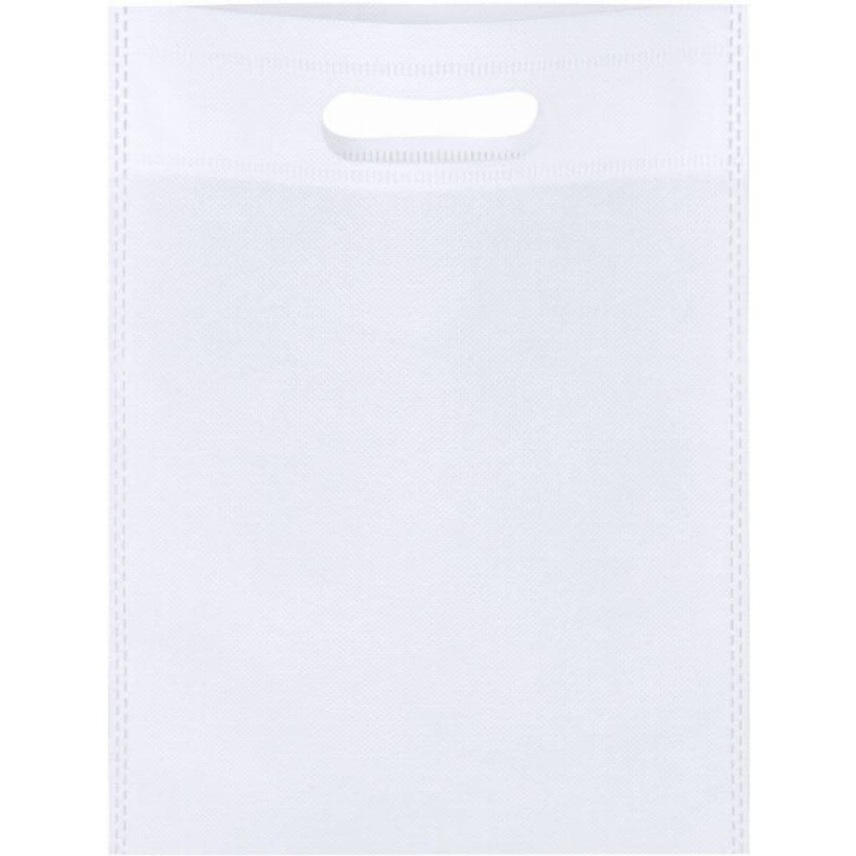A white promotional bag featuring a handle and a plain design. It has branding on one side.