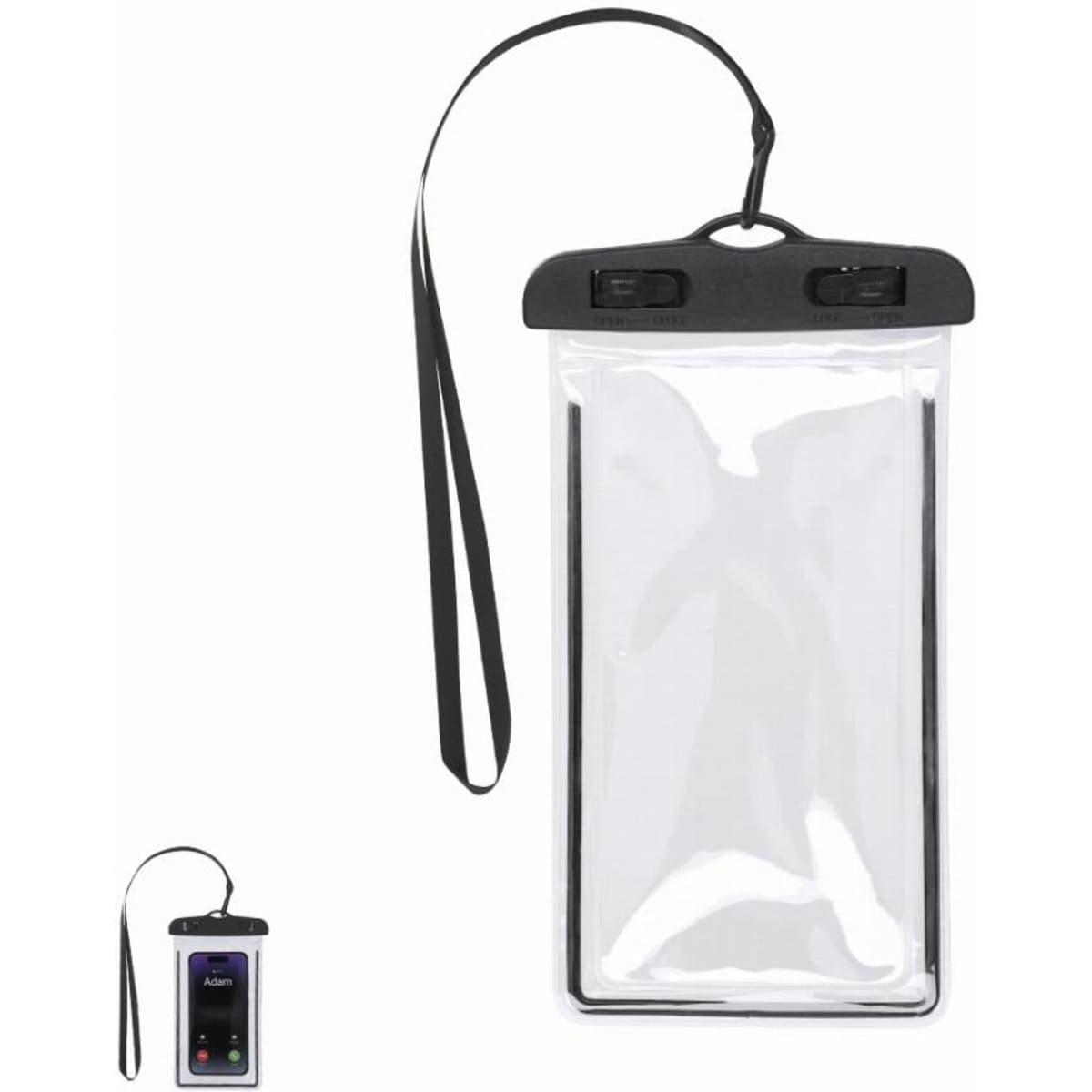 A waterproof phone pouch with a black strap. The pouch is clear with a black top and features a logo.