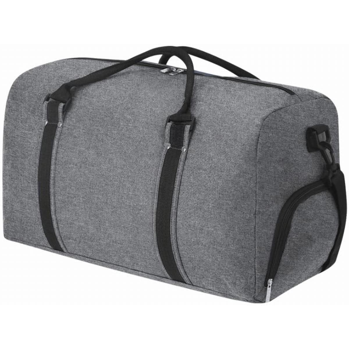 A duffel bag in grey fabric with black straps and a side zipper pocket. It has a sturdy design for easy carrying.
