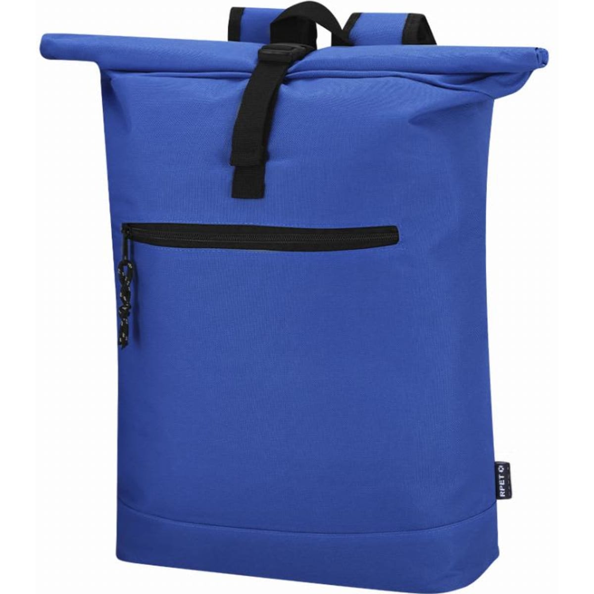 A blue roll-top backpack featuring a front zip pocket and adjustable straps. It has a minimalist design and a logo.