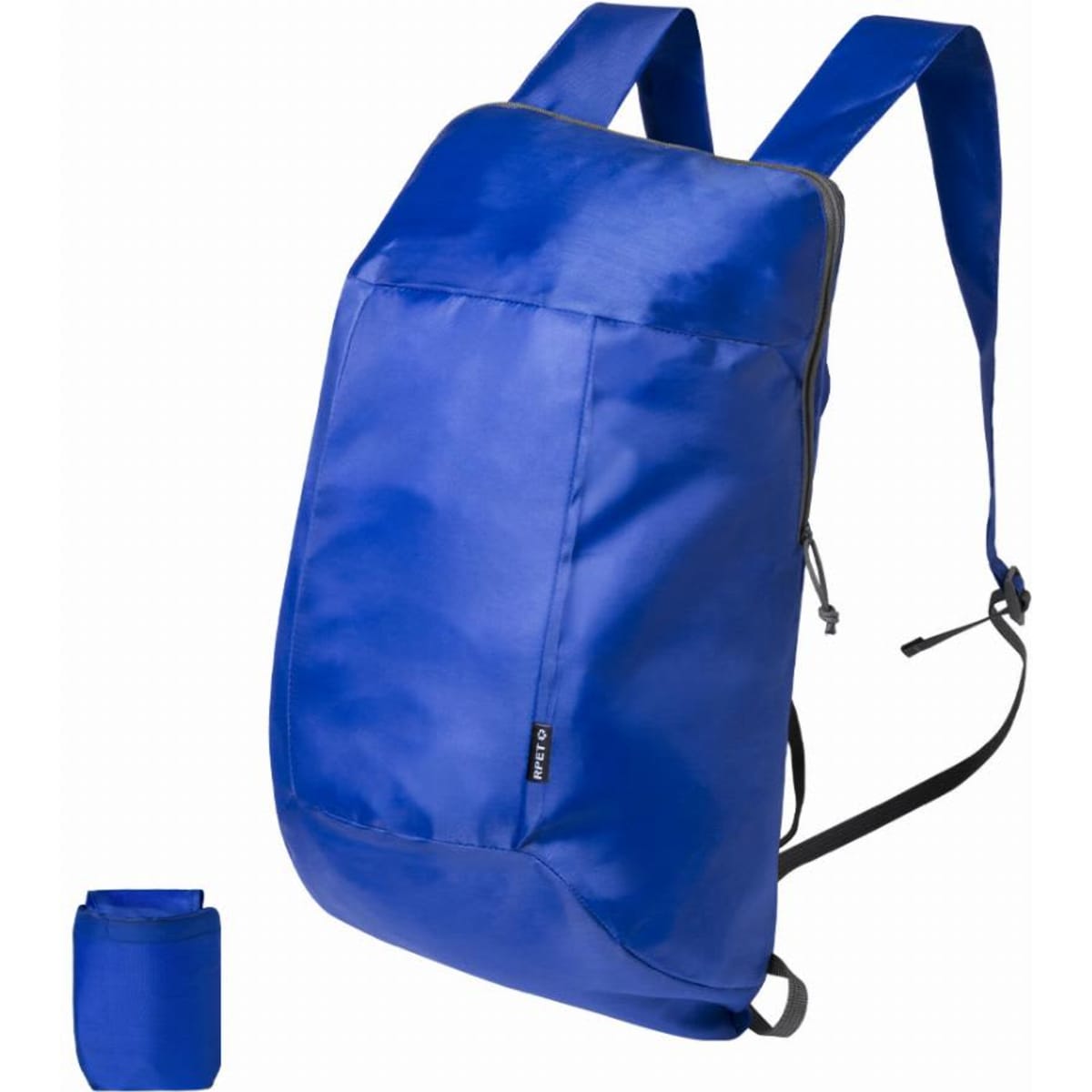 A blue backpack with adjustable straps, featuring a large main compartment and a smaller pouch beside it.