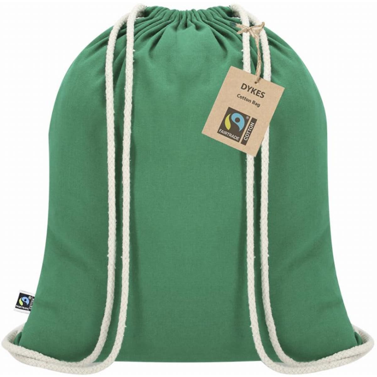A green drawstring cotton bag with two white ropes and a brand tag attached.