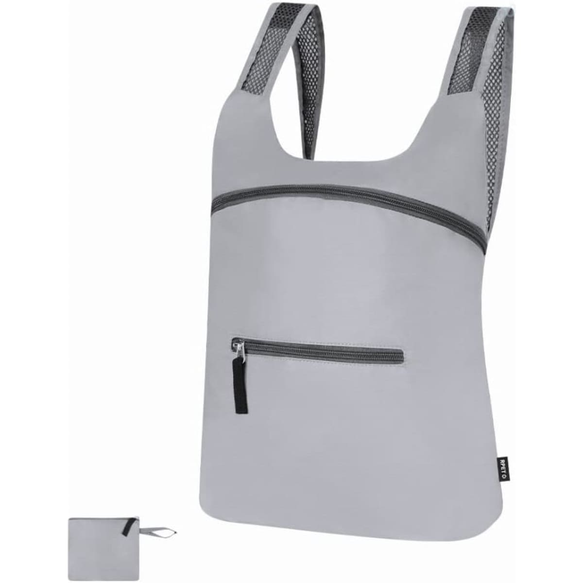 A grey tote bag with mesh straps and a zippered pocket, accompanied by a small pouch. The bag features a logo.