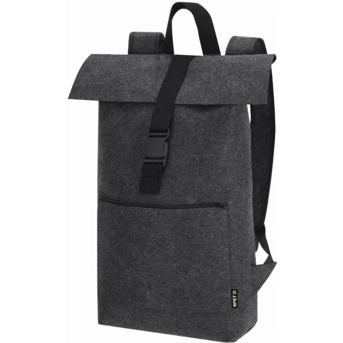 A grey backpack with a roll-top closure, adjustable straps, and a front zip pocket, featuring a branding logo.