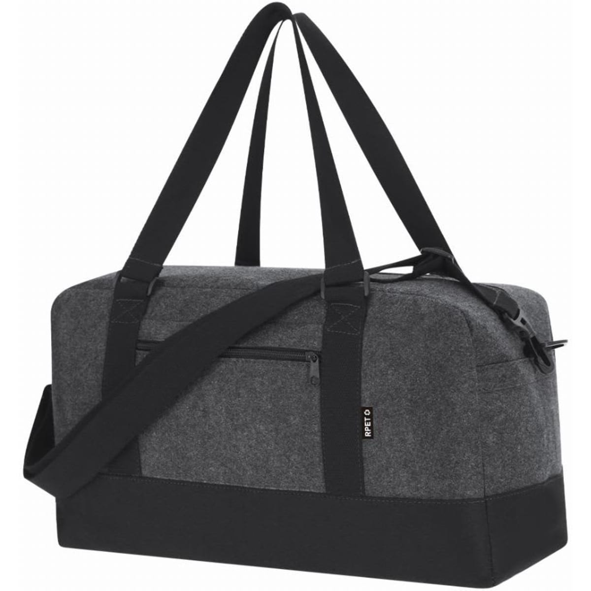 A duffle bag in grey fabric with black accents and adjustable straps, featuring a zippered pocket on the front.