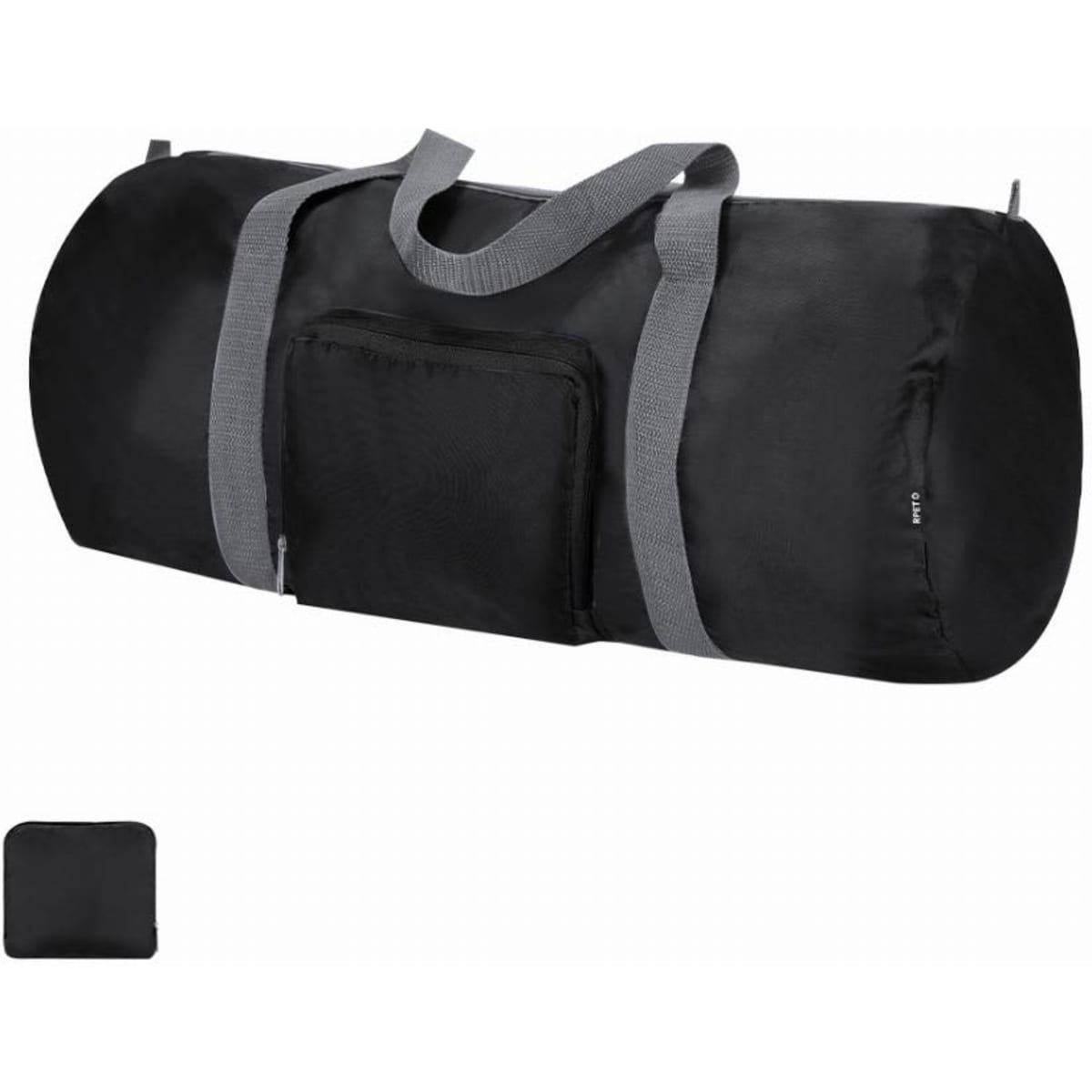 A black duffel bag with grey straps and a front pocket, featuring a logo on the side.