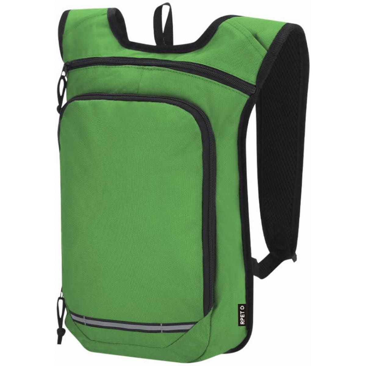 A green backpack with black accents, featuring a front pocket and padded straps for comfort. It has a branding logo.
