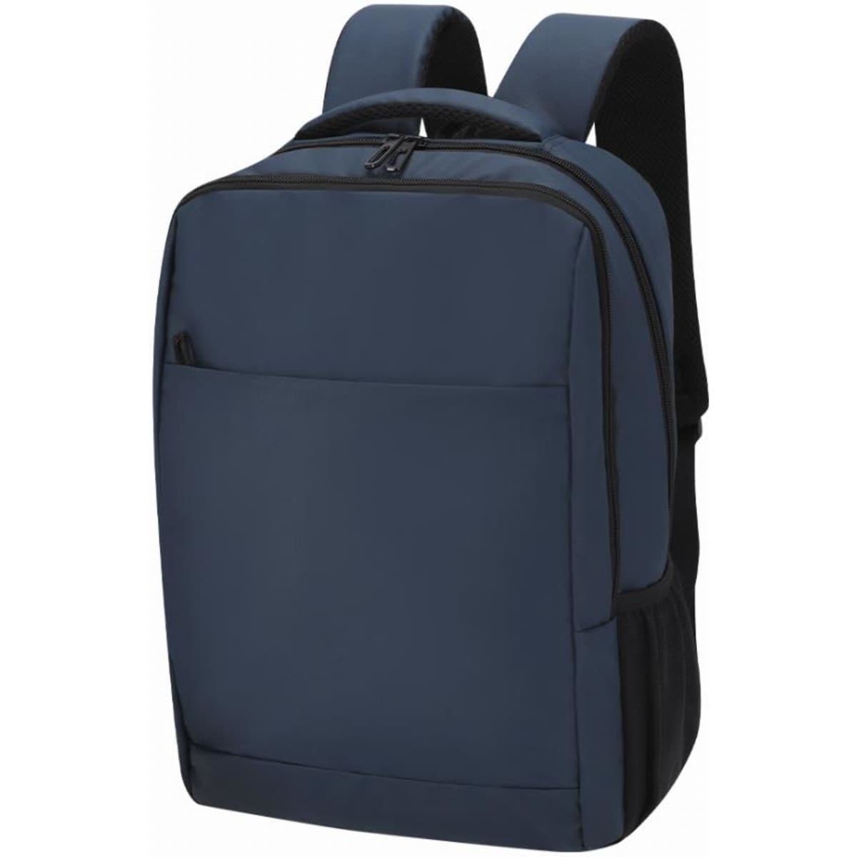 A backpack featuring a navy blue exterior with adjustable straps and a front pocket. It has a sleek, minimalist design.