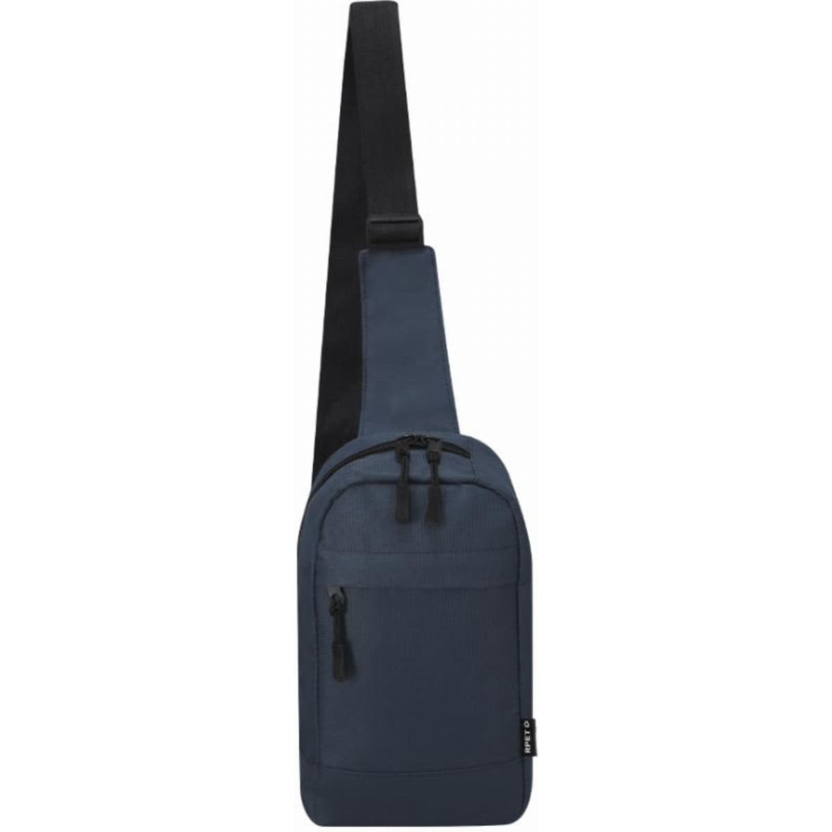 A sling bag in navy blue with a single shoulder strap and two zippered compartments. Features a logo on the front.