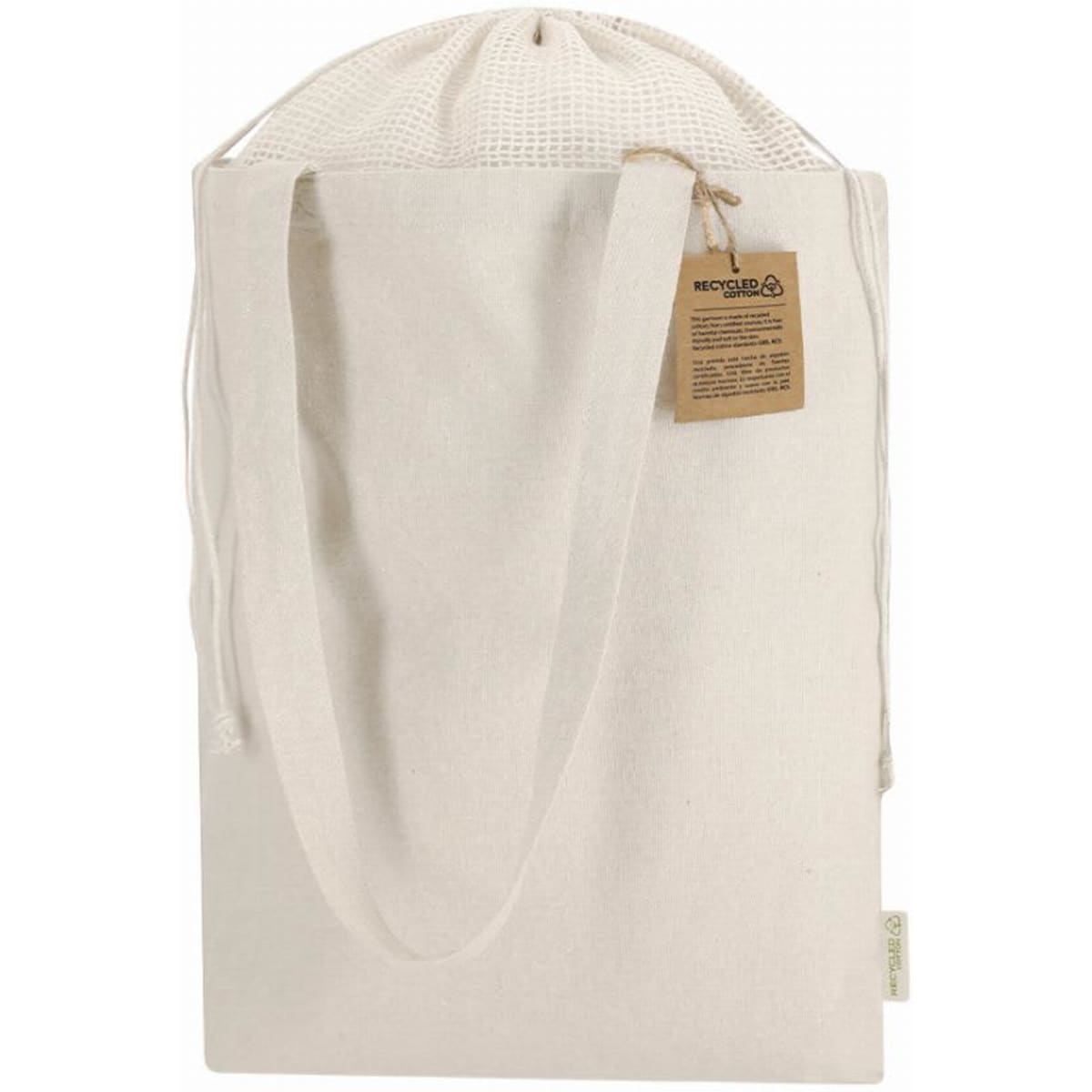 A tote bag in off-white fabric, featuring a mesh top and drawstring closure, with a tag attached.