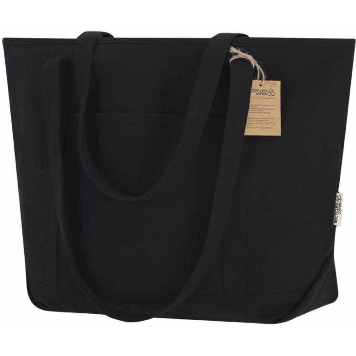 A black tote bag with two handles and a tag attached. The bag features a simple, unembellished design.