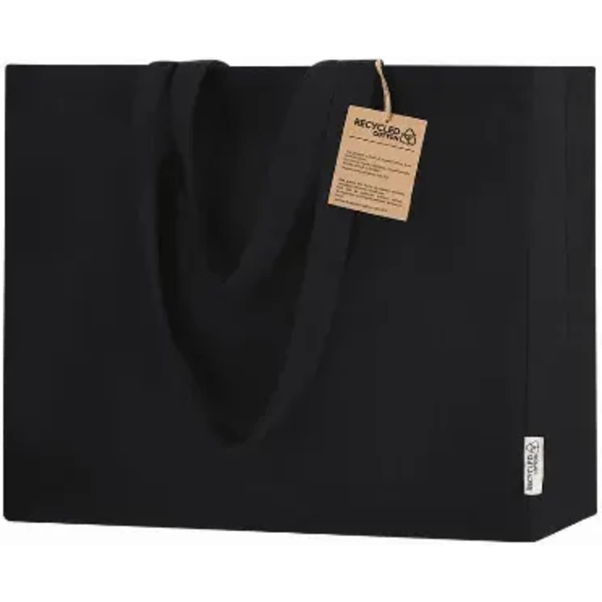 A black tote bag with sturdy handles and a tag attached, featuring a logo on the side.