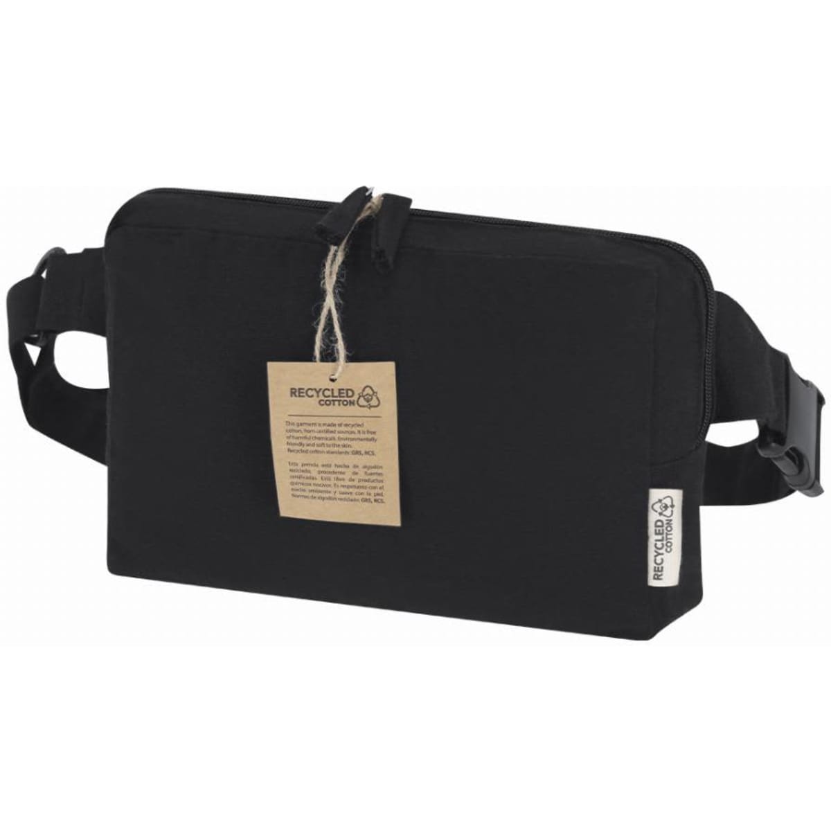 A black recycled cotton bag with an adjustable strap and a tag attached. It features a simple, sleek design.