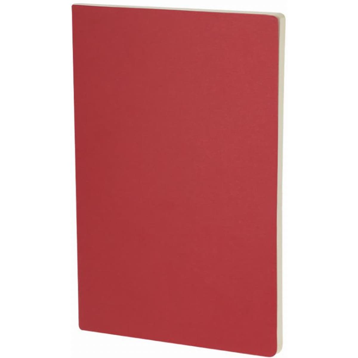 A red notebook with a plain cover and white pages visible on the side, standing upright.