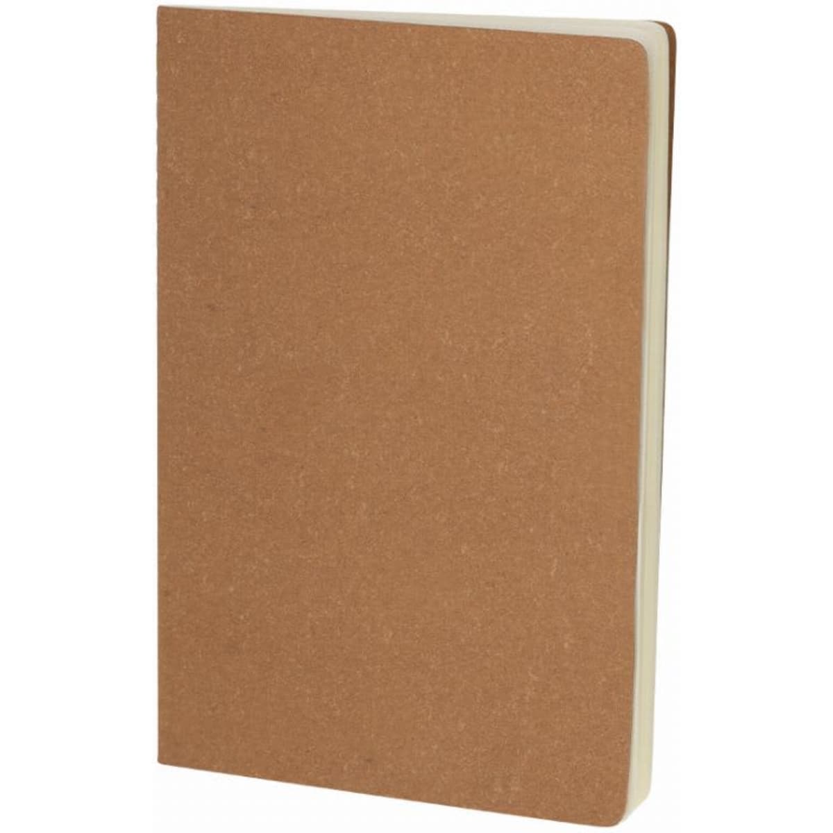 A plain brown notebook with a textured cover and blank pages inside. It has rounded edges and a simple design.