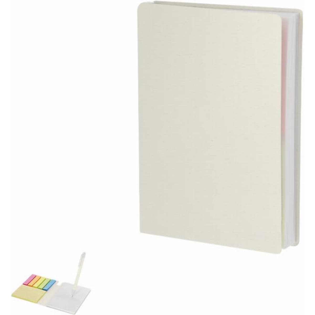 A notebook with a plain white cover alongside a set of colourful sticky notes and a pen.