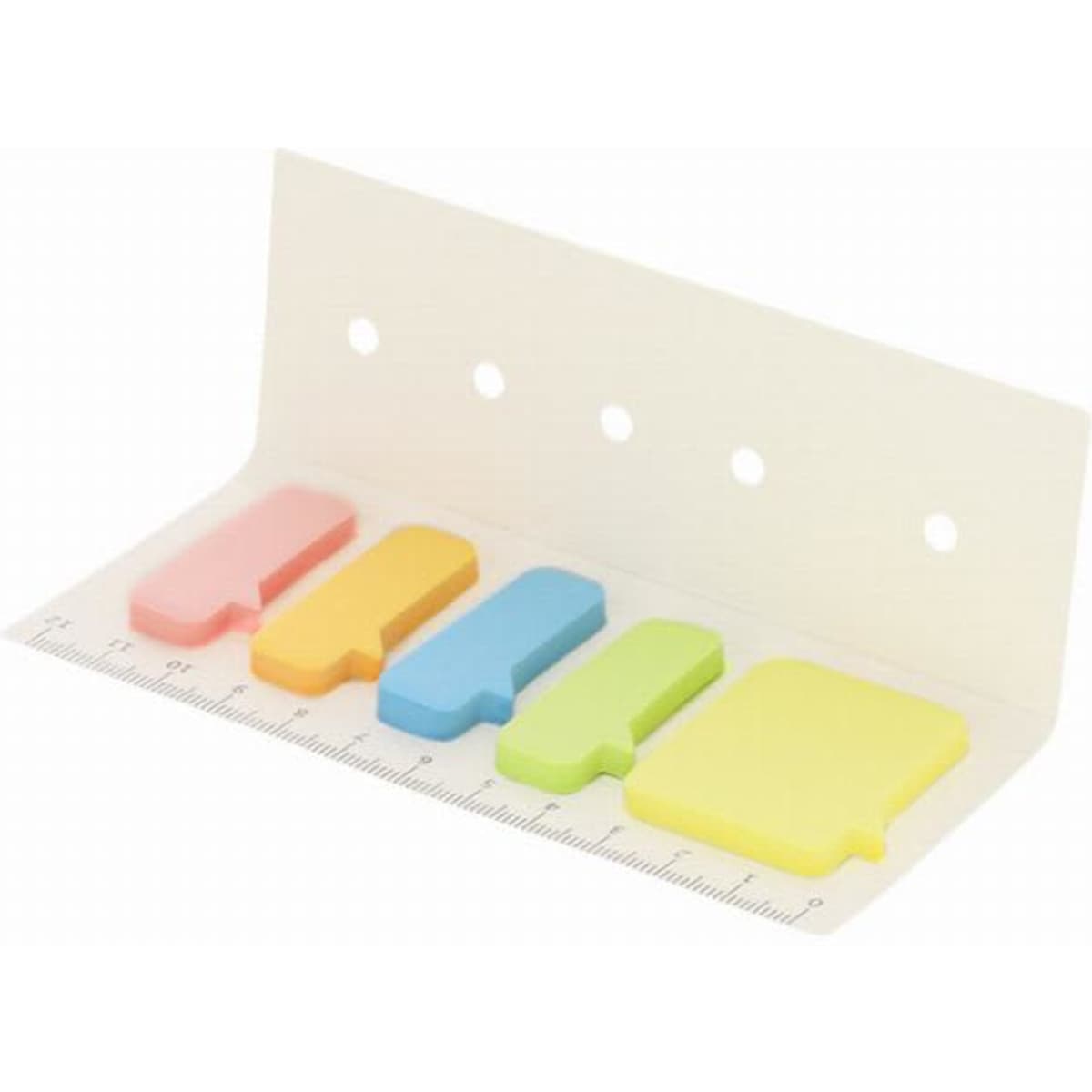A set of colourful sticky notes in pink, blue, yellow, and green, arranged on a white holder with a ruler.