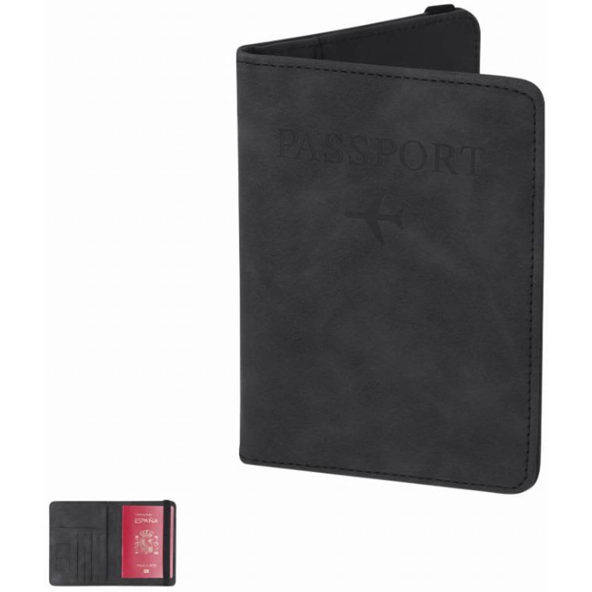 A black passport holder with a flap, featuring a logo and an open view showing a red passport inside.