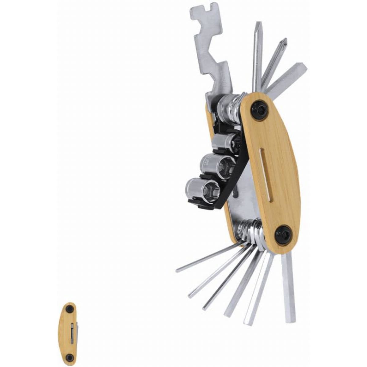 A multi-tool featuring a wooden handle, metal components, and various tools including wrenches and screwdrivers.