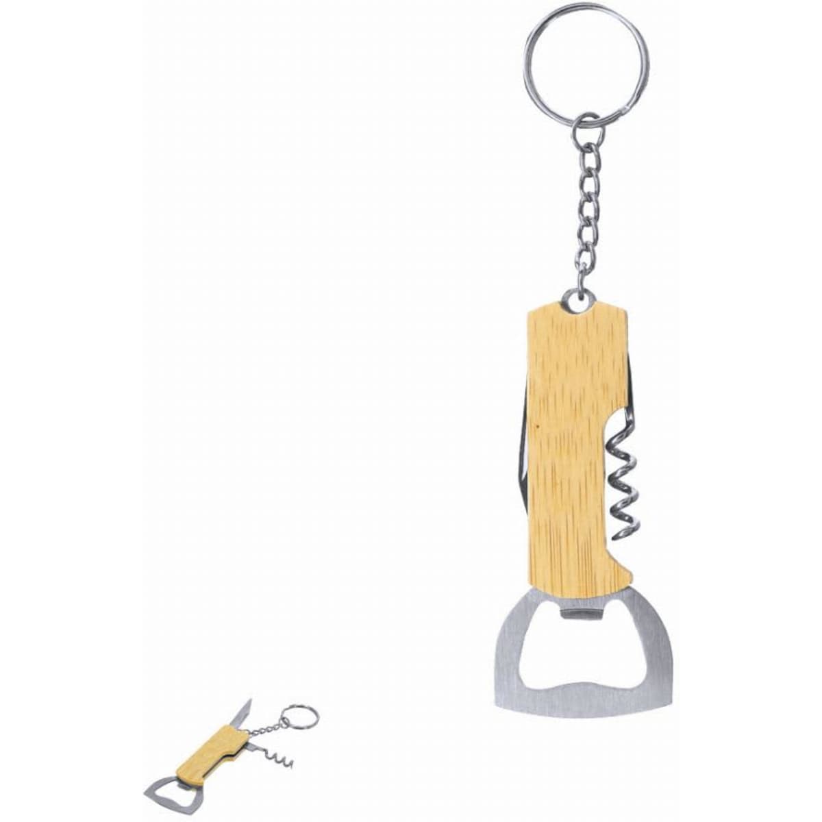 A multi-functional bottle opener with a wooden handle, corkscrew, and keychain attachment. Silver and natural wood colours.