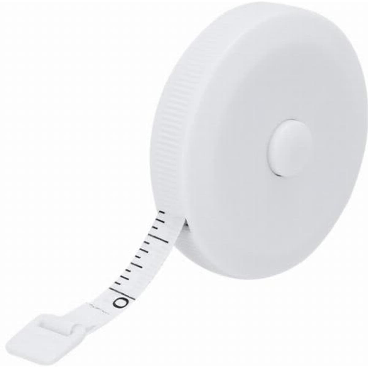 A measuring tape in a white casing with a retractable white tape marked with measurements.