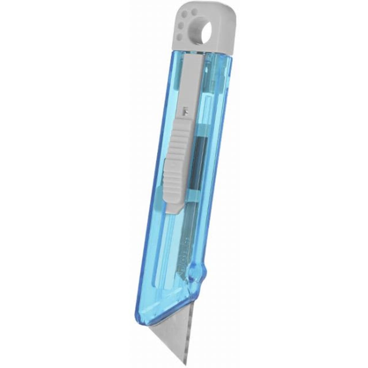 A craft knife with a transparent blue body and a grey handle, featuring a retractable blade and a hole for hanging.
