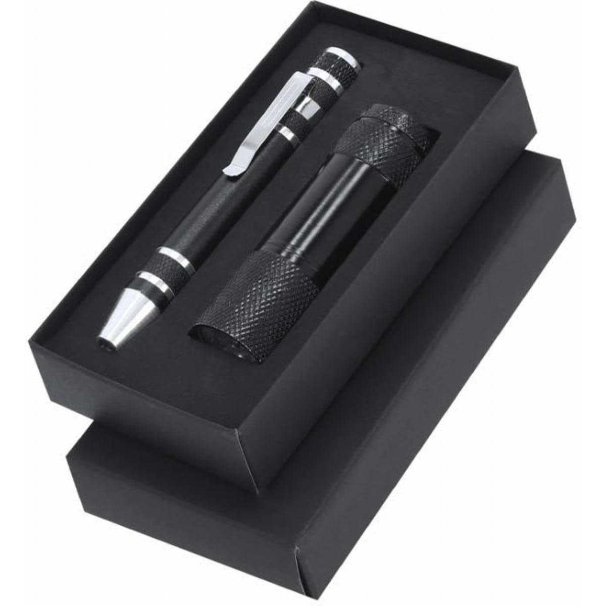 A gift set containing a black pen and a black flashlight, packaged in a sleek black box.