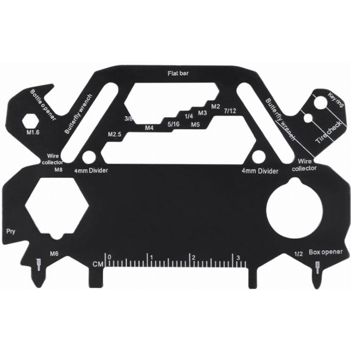 A multi-tool card in black featuring various measurement markings and cutouts for different functions.