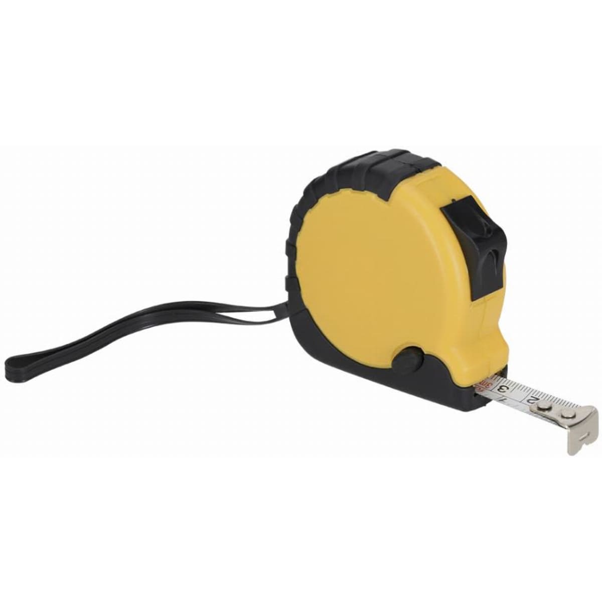 A measuring tape with a yellow and black casing, featuring a retractable silver measuring blade.