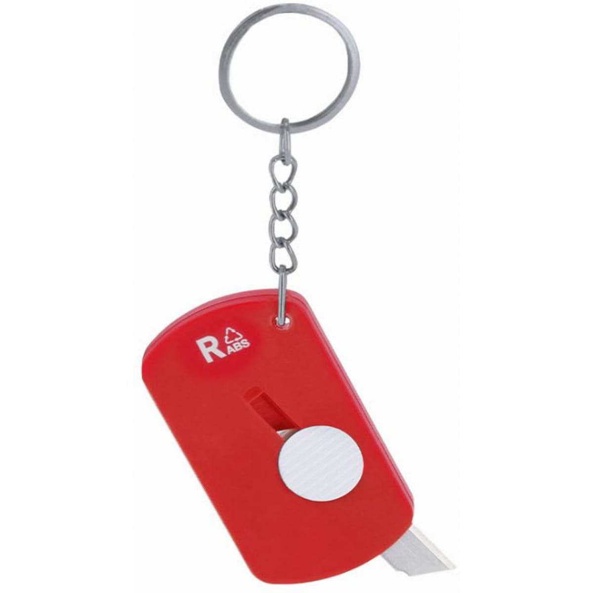 A red keychain tool with a retractable blade. It has a keyring attachment for convenience.