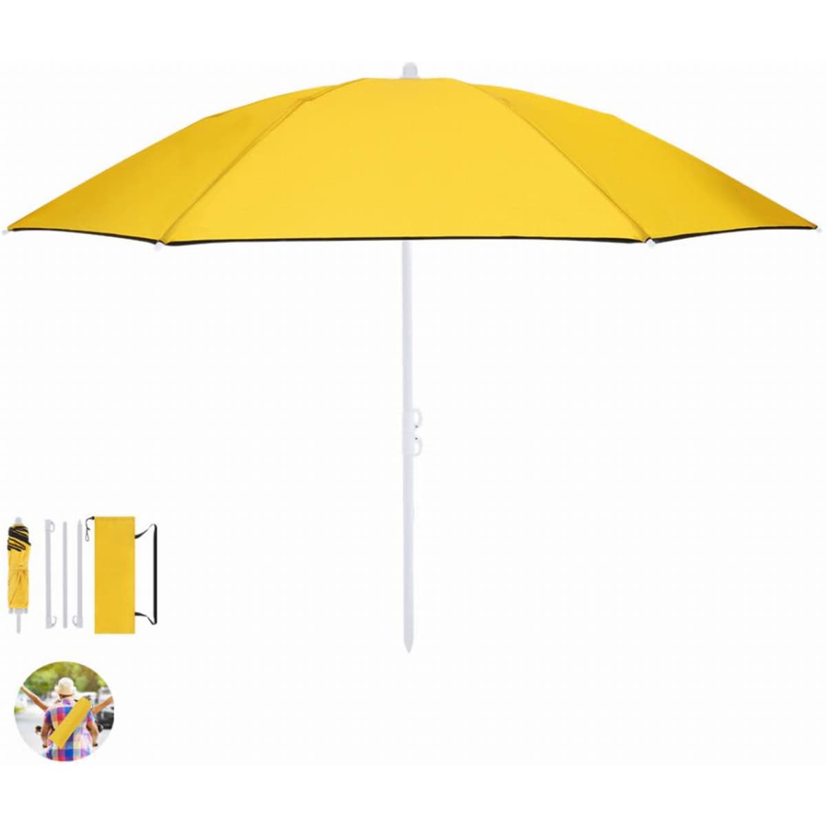 A beach umbrella in bright yellow with a white pole, featuring a folded design at the side.