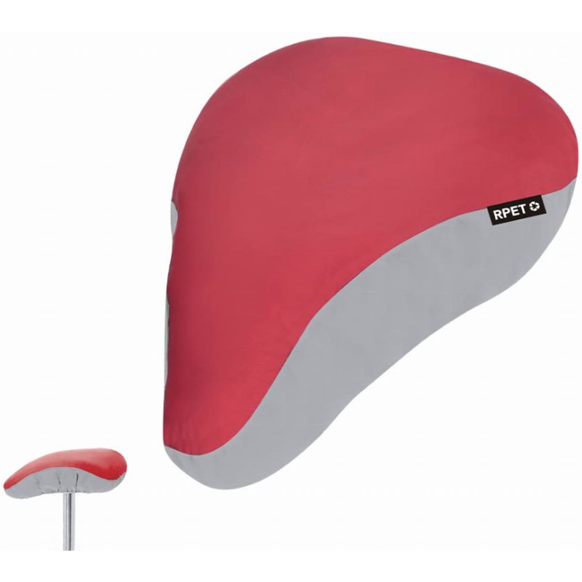 A bike seat cover in red and grey, featuring a logo on the side, designed to protect the seat.