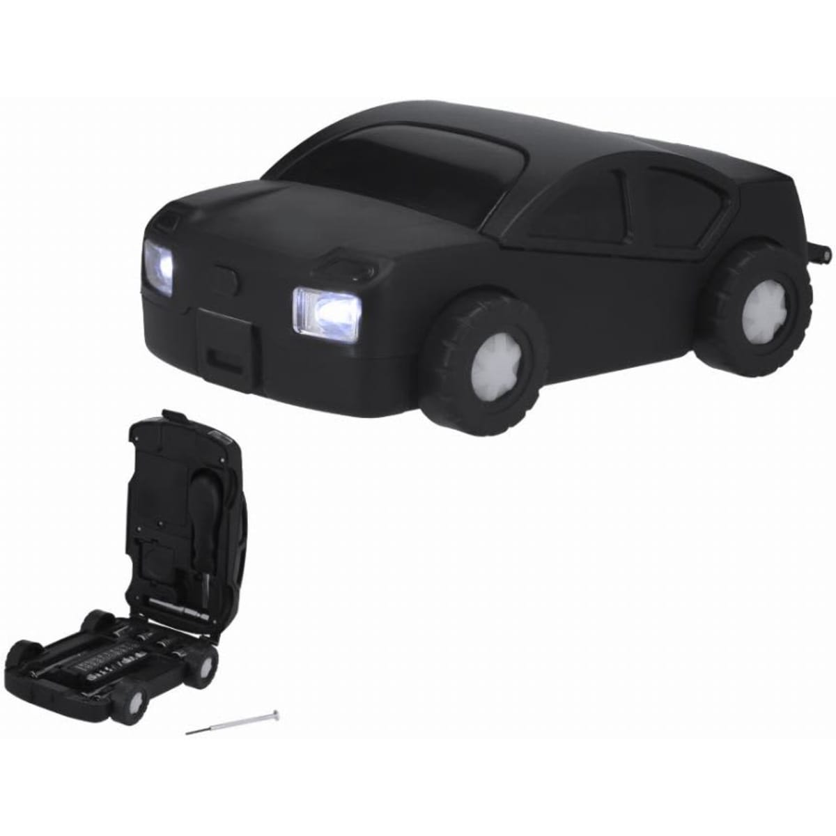 A black toy car with headlights, alongside its folding mechanism. The design features smooth curves and wheels.