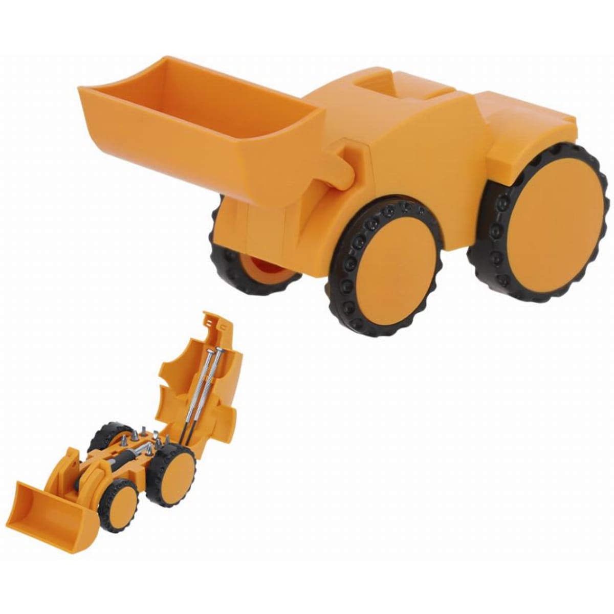 A toy construction vehicle in bright orange with a movable front loader and black wheels.