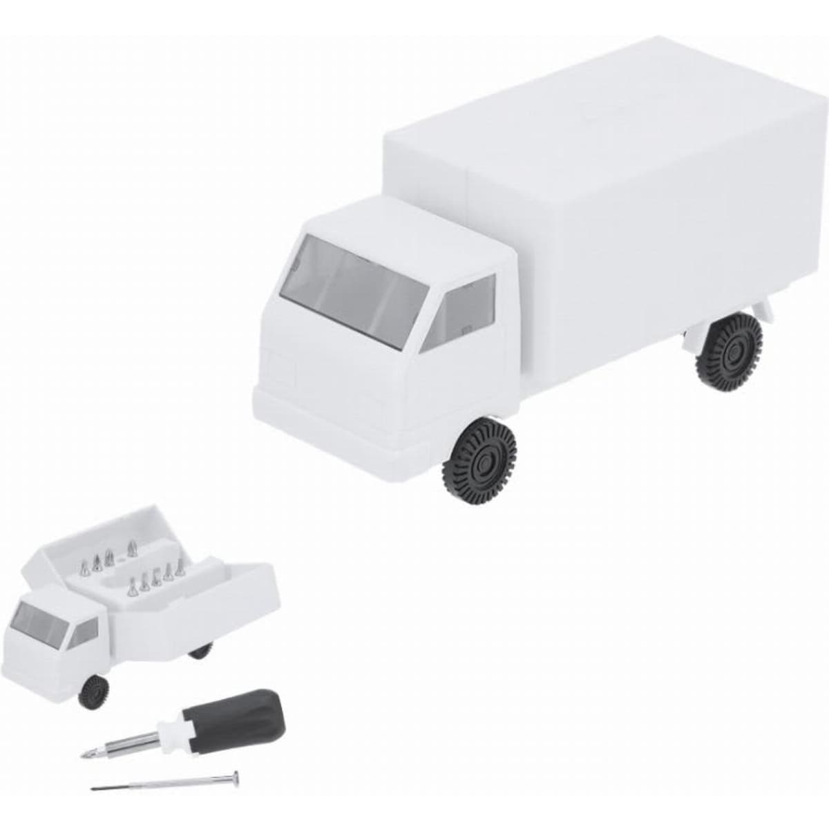 A white toy truck with a detachable cab and tools, including a screwdriver and a small box of screws.