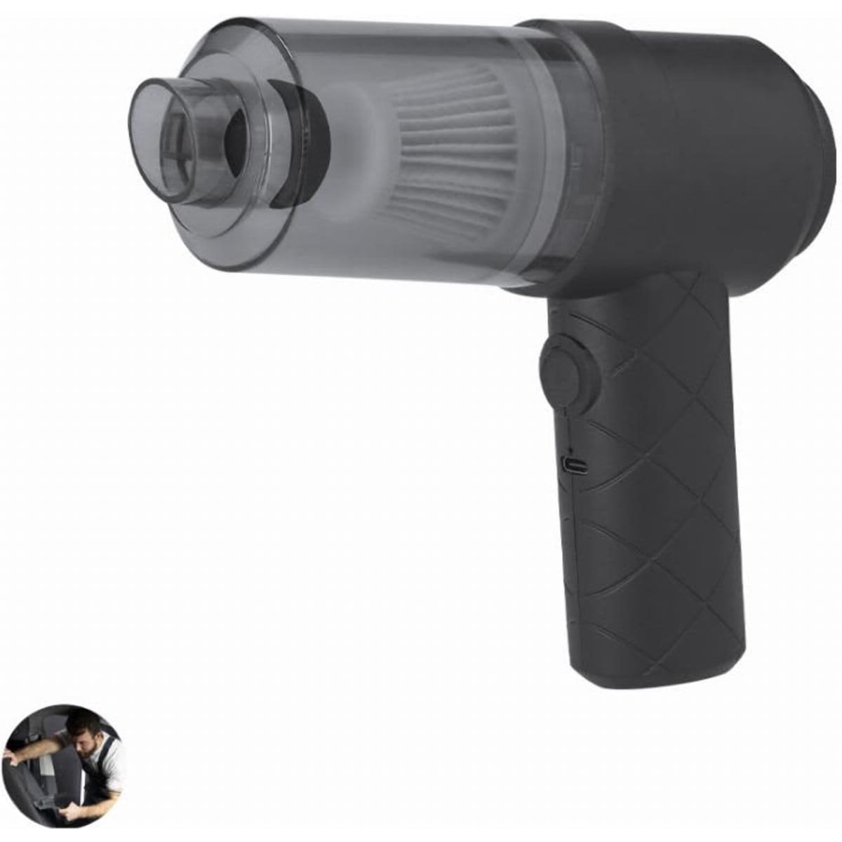 A handheld vacuum cleaner in black with a transparent dust container and a textured grip, featuring a logo.