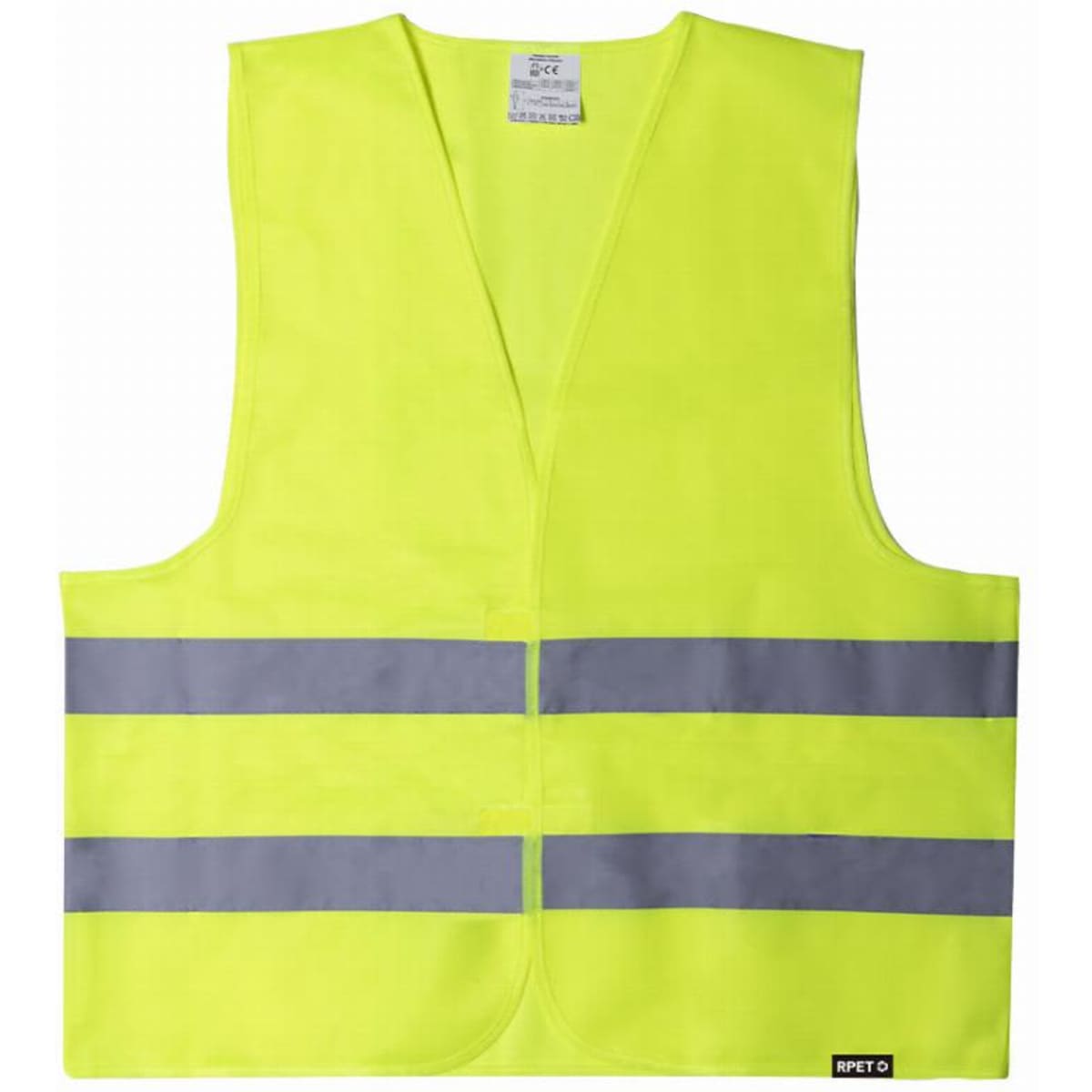 A high-visibility safety vest in bright yellow with reflective grey stripes. It has an open front and no sleeves.