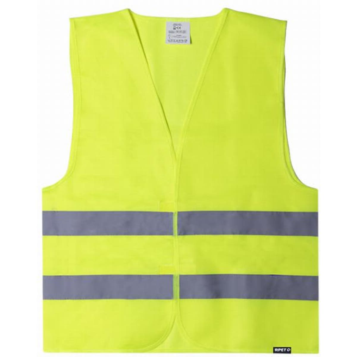 A safety vest in bright yellow with grey reflective stripes. It has no sleeves and a simple design.