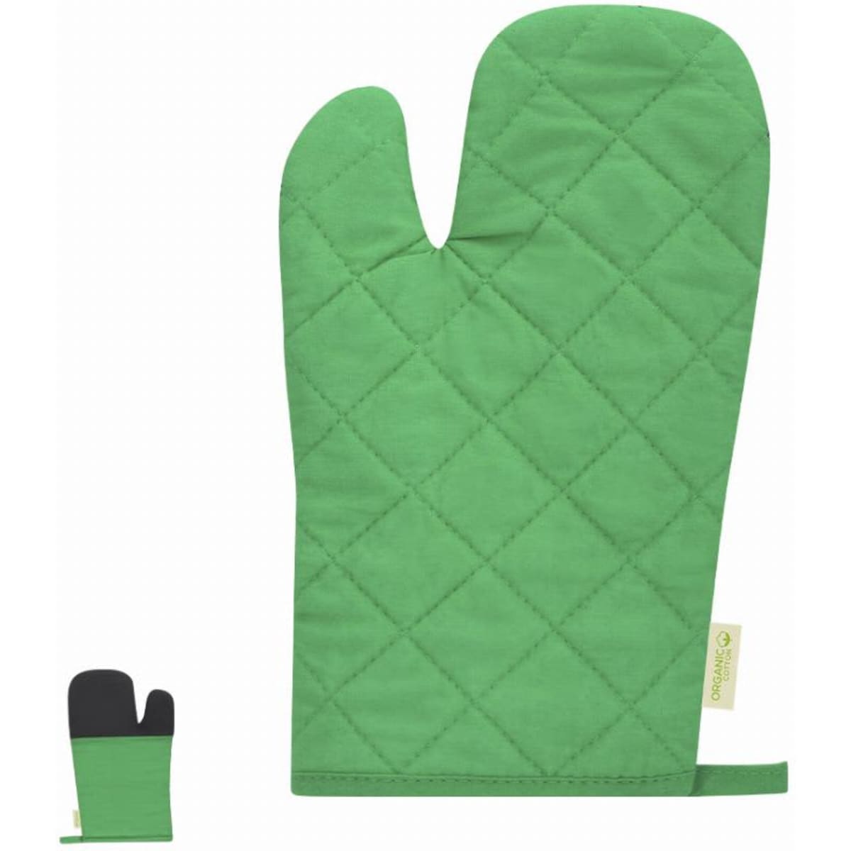 A green oven mitt with a quilted design, featuring a contrasting black inner layer and a hanging loop.