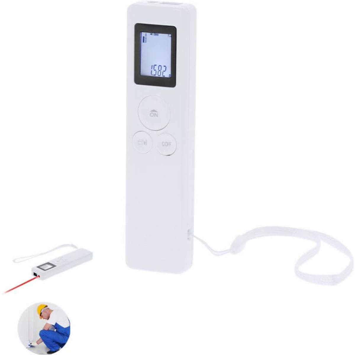 A laser distance meter in white with a display screen and buttons, featuring a strap for easy handling.