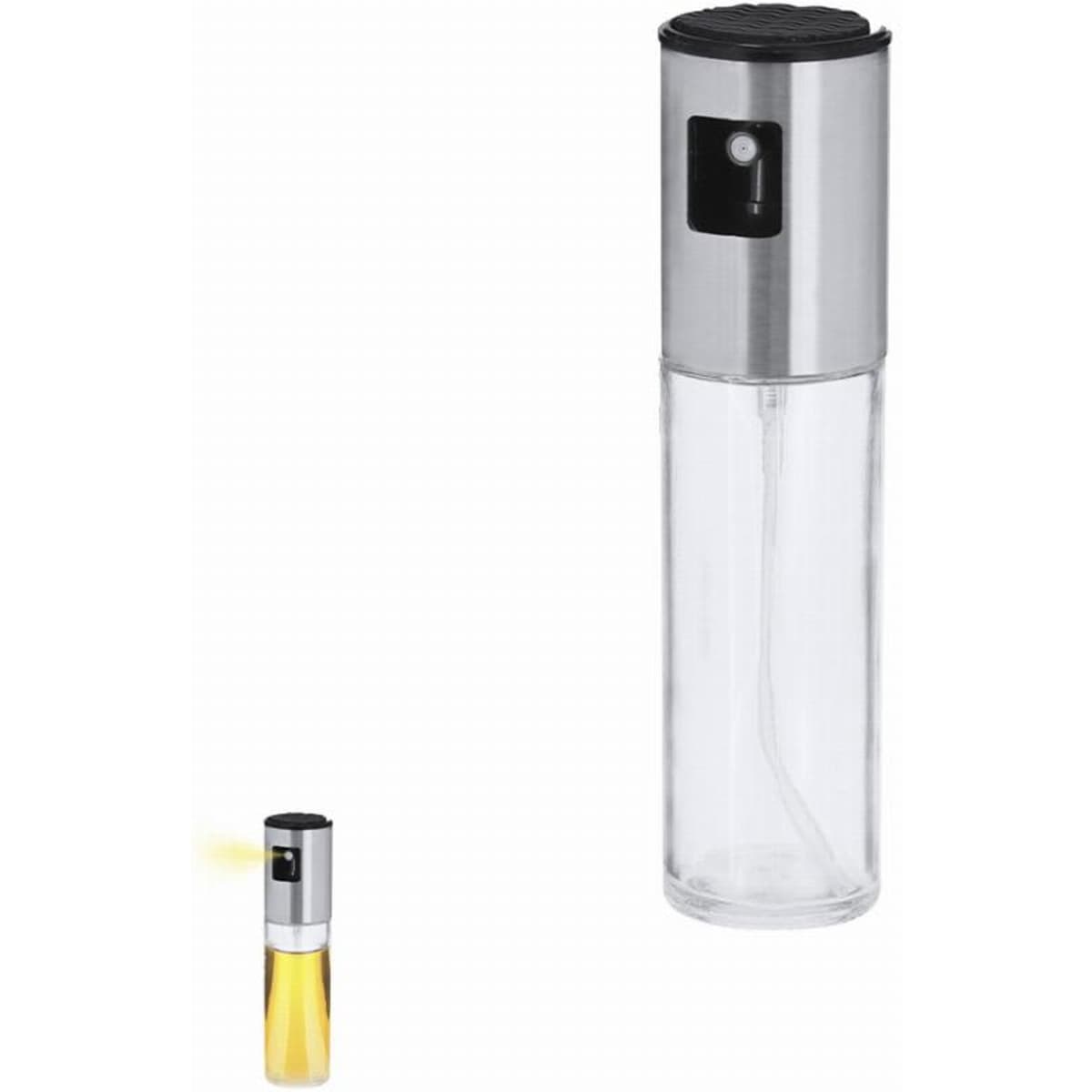 A drink bottle with a clear body, stainless steel top, and a nozzle for misting. It includes a logo on the body.