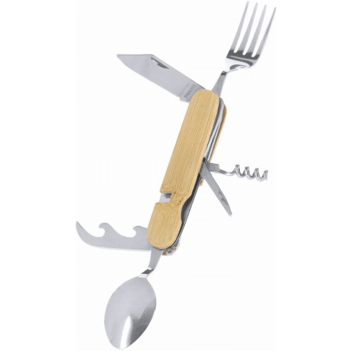 A multifunctional camping utensil with a knife, fork, spoon, can opener, and corkscrew. It features a wooden handle.