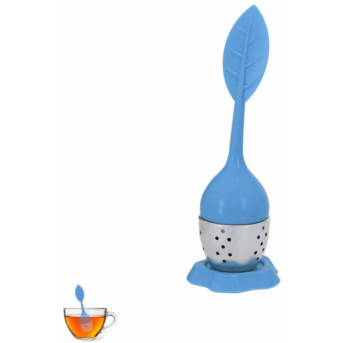 A tea infuser with a blue silicone leaf design and a stainless steel infuser, resting on a matching base.