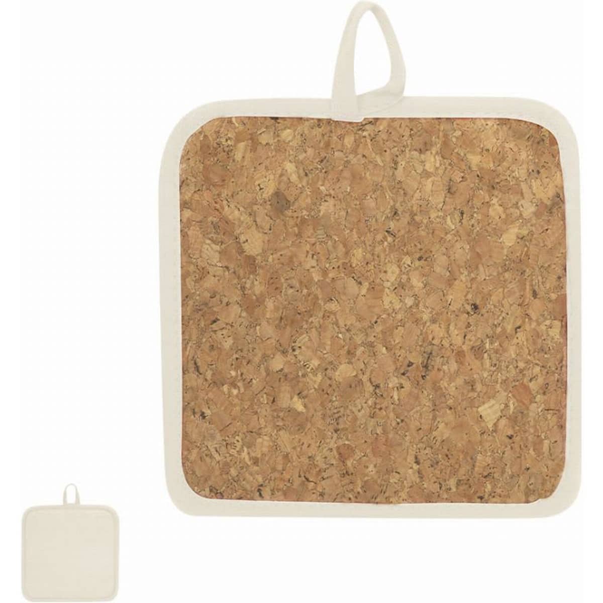 A square cork pot holder with a cream-coloured border and a hanging loop, displayed alongside a smaller version.