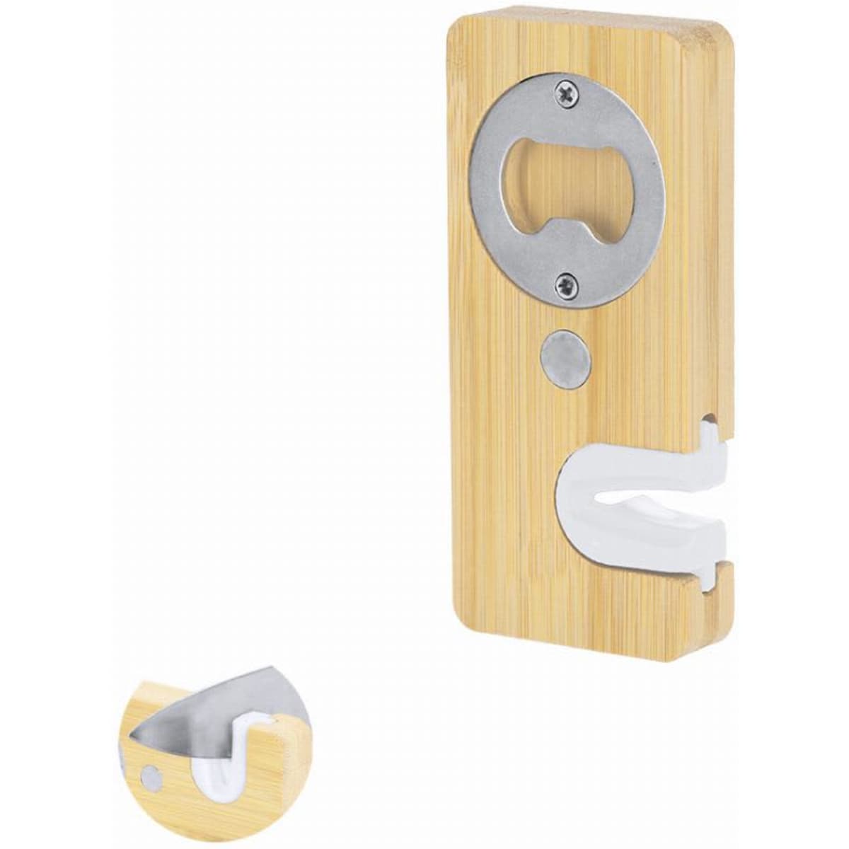 A bamboo bottle opener featuring a metal cap remover. The design includes a circular cut-out and a small holder.