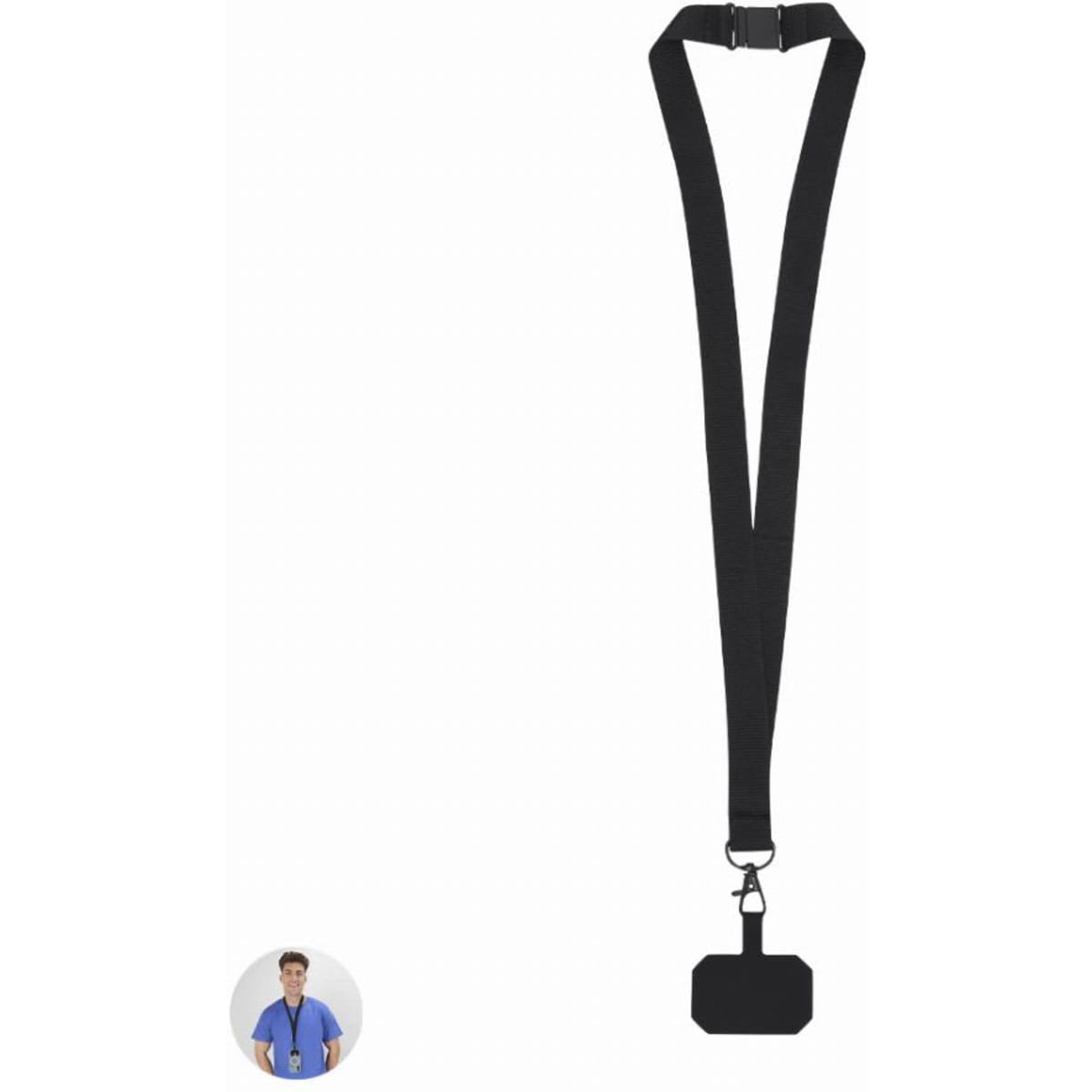 A lanyard with a black strap and a clip for attaching identification or access cards.