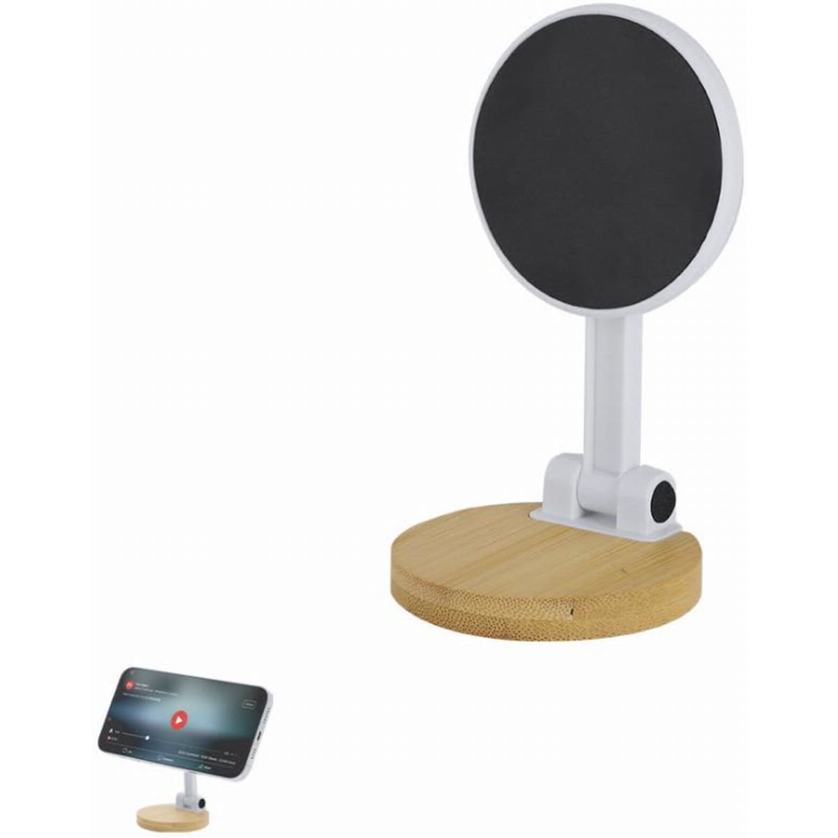 A phone stand with a circular black holder and a bamboo base, designed for stable device support.