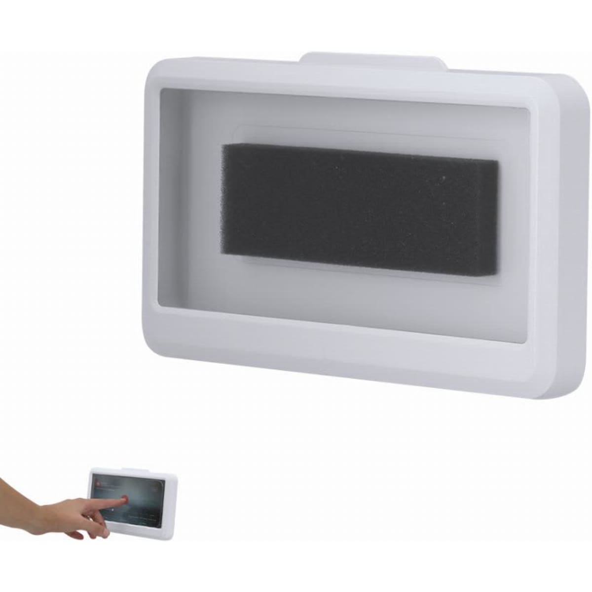 A white rectangular display case with a black foam insert, featuring a transparent front and a branding logo.